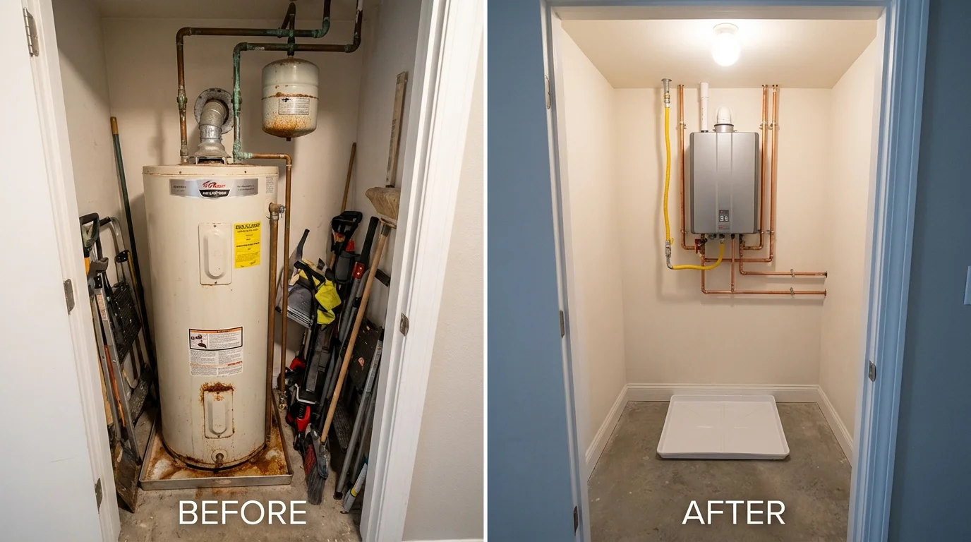Tank water heater versus wall-mounted tankless unit comparison for Bacliff, TX homeowners